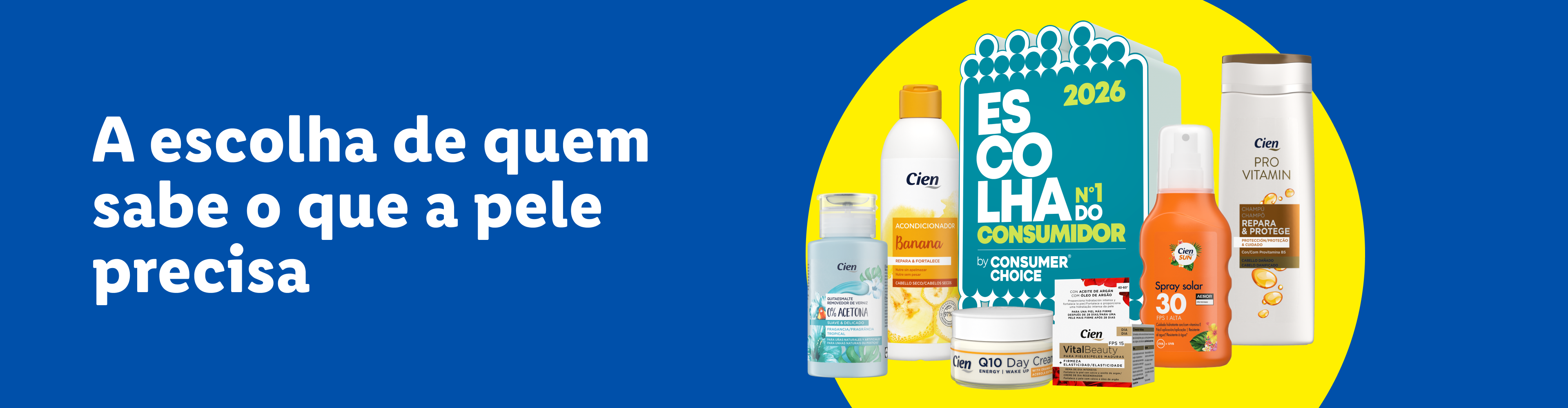 Uma seleção de produtos de cuidado pessoal, incluindo condicionador de banana, champô e protetor solar, com o selo de Escolha do Consumidor 2026.