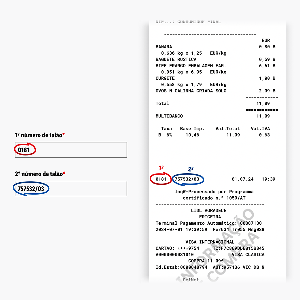 Recibo Lidl com bananas, pão e ovos.