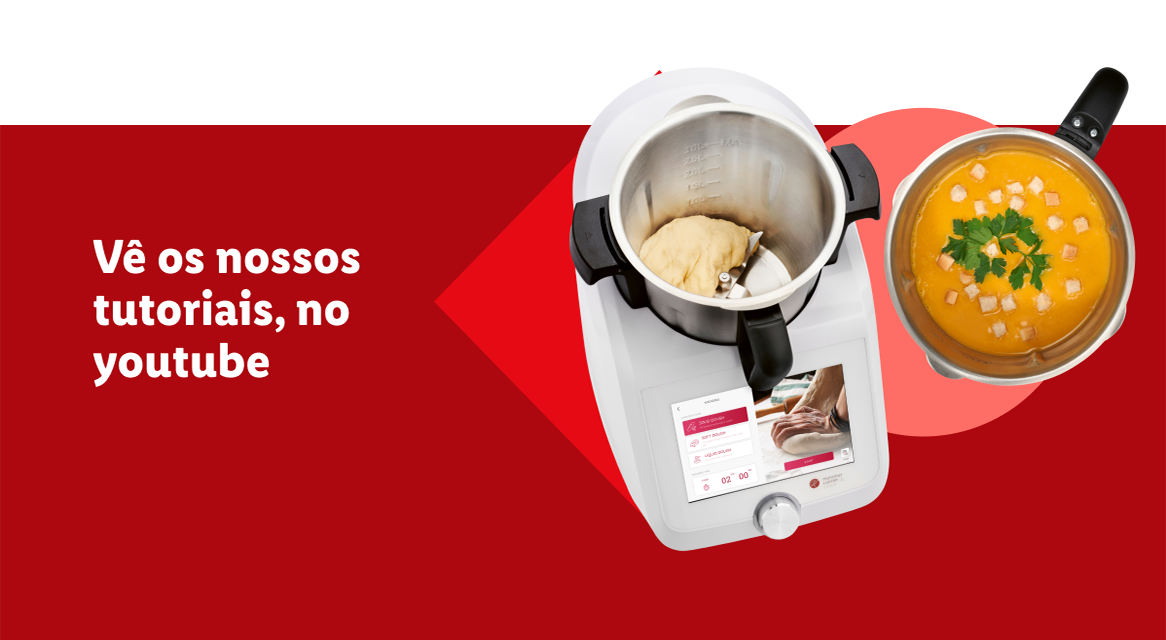Um robot de cozinha com massa e uma tigela de sopa, com texto 'Vê os nossos tutoriais, no youtube'.