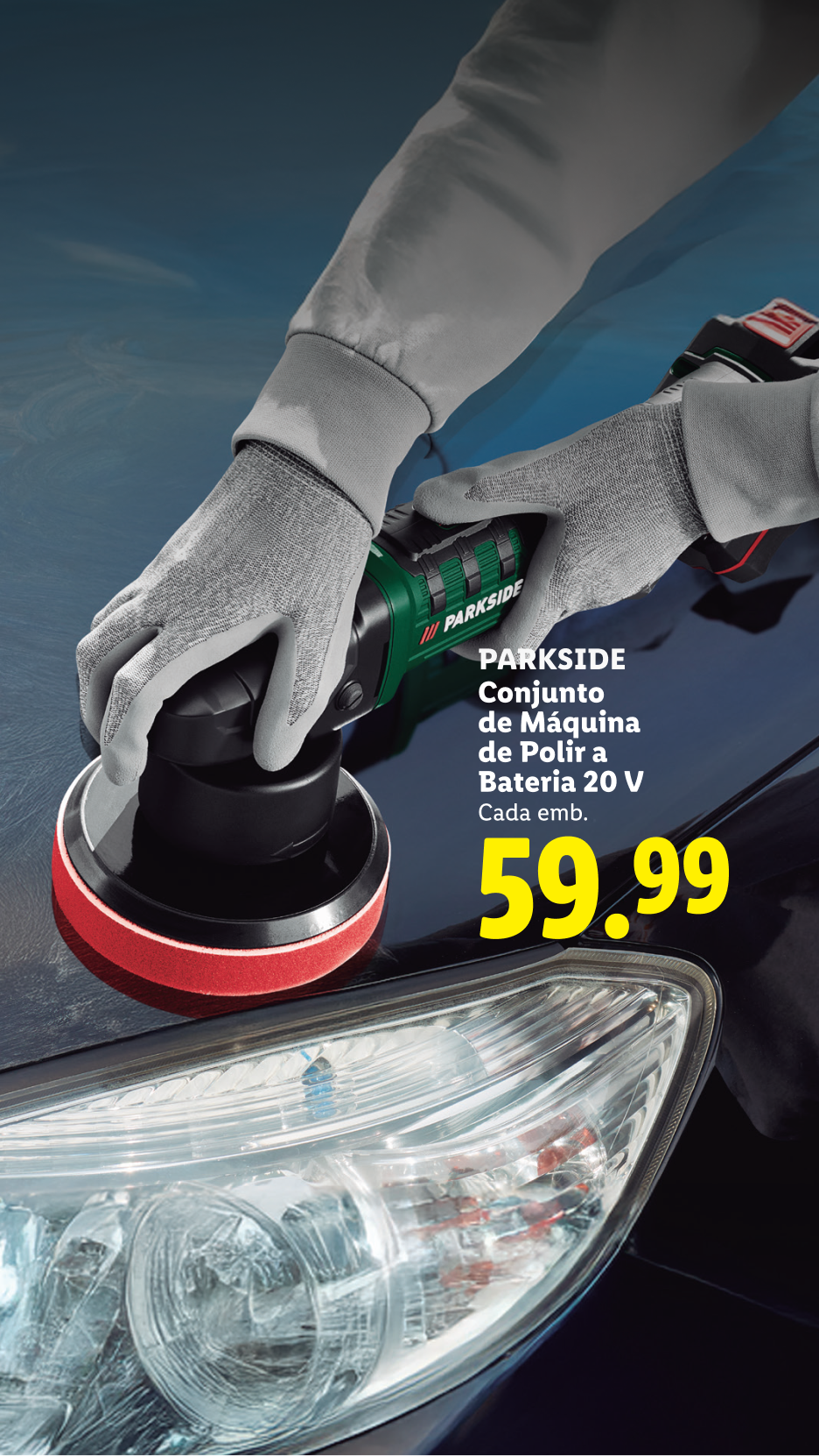 Máquina de polir a bateria 20 V, por 59.99€.