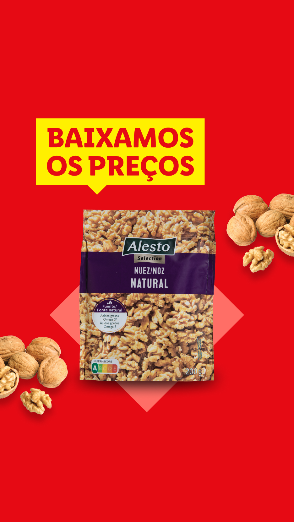 Um saco de nozes Alesto Selection com a mensagem 'BAIXAMOS OS PREÇOS' em destaque.