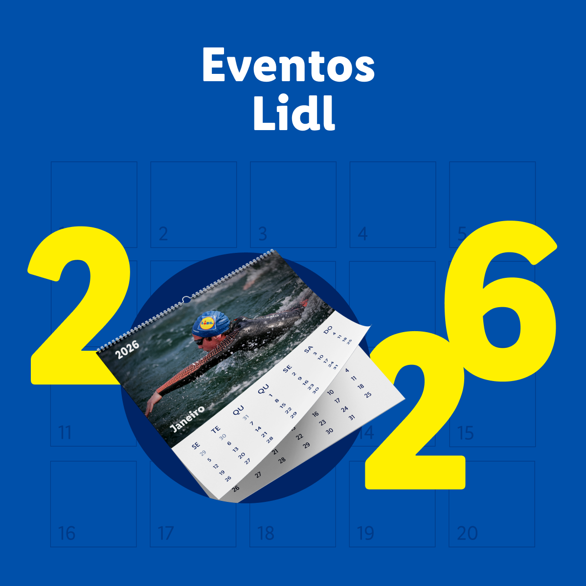 Calendário de eventos de 2026 com um nadador e o mês de janeiro em destaque.