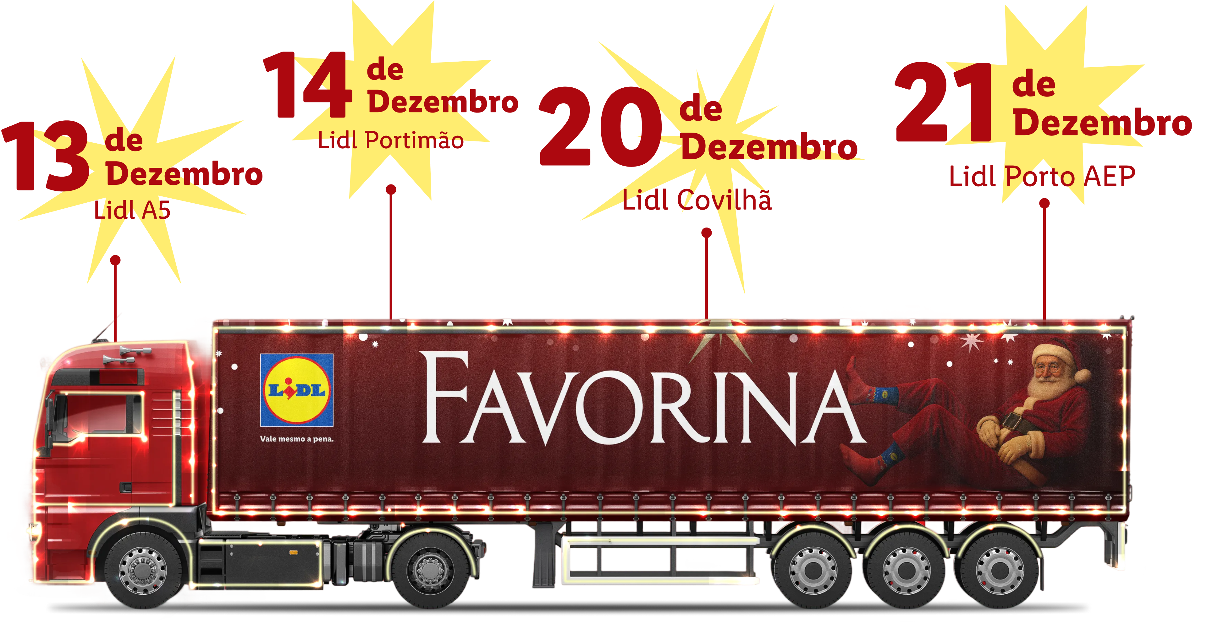 Camião de Natal da Favorina da Lidl com datas e locais de paragem.