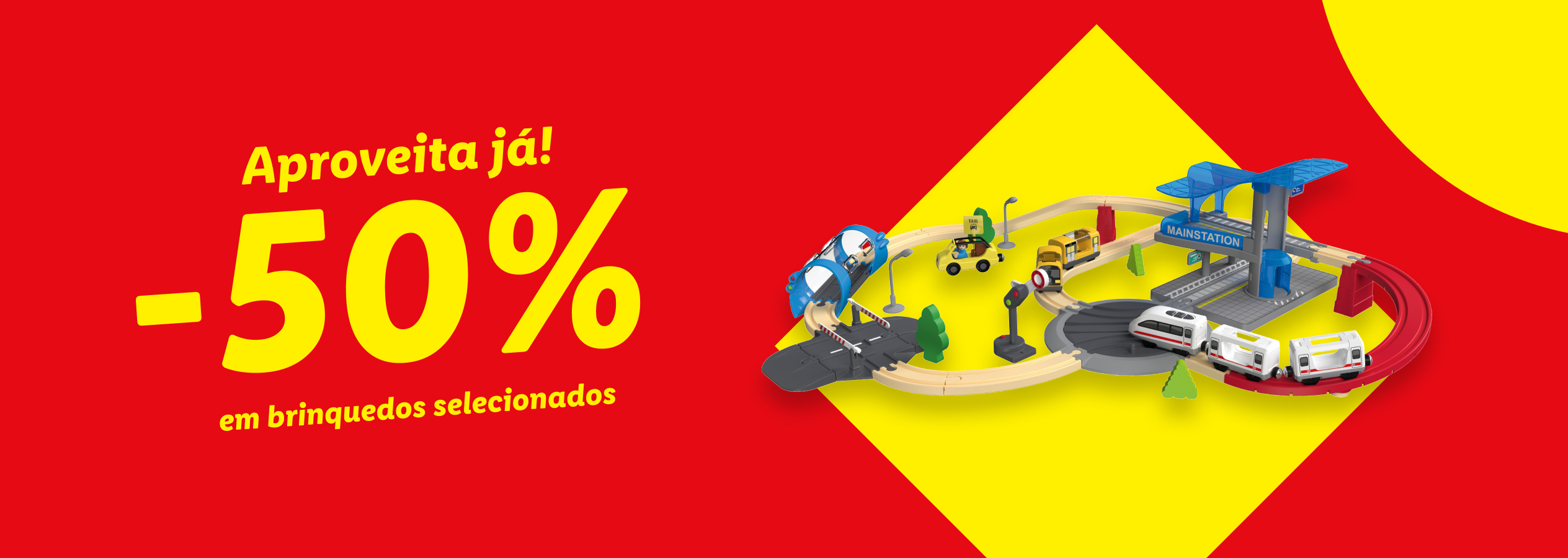 Promoção de 50% em brinquedos selecionados, incluindo um comboio de madeira e carros.