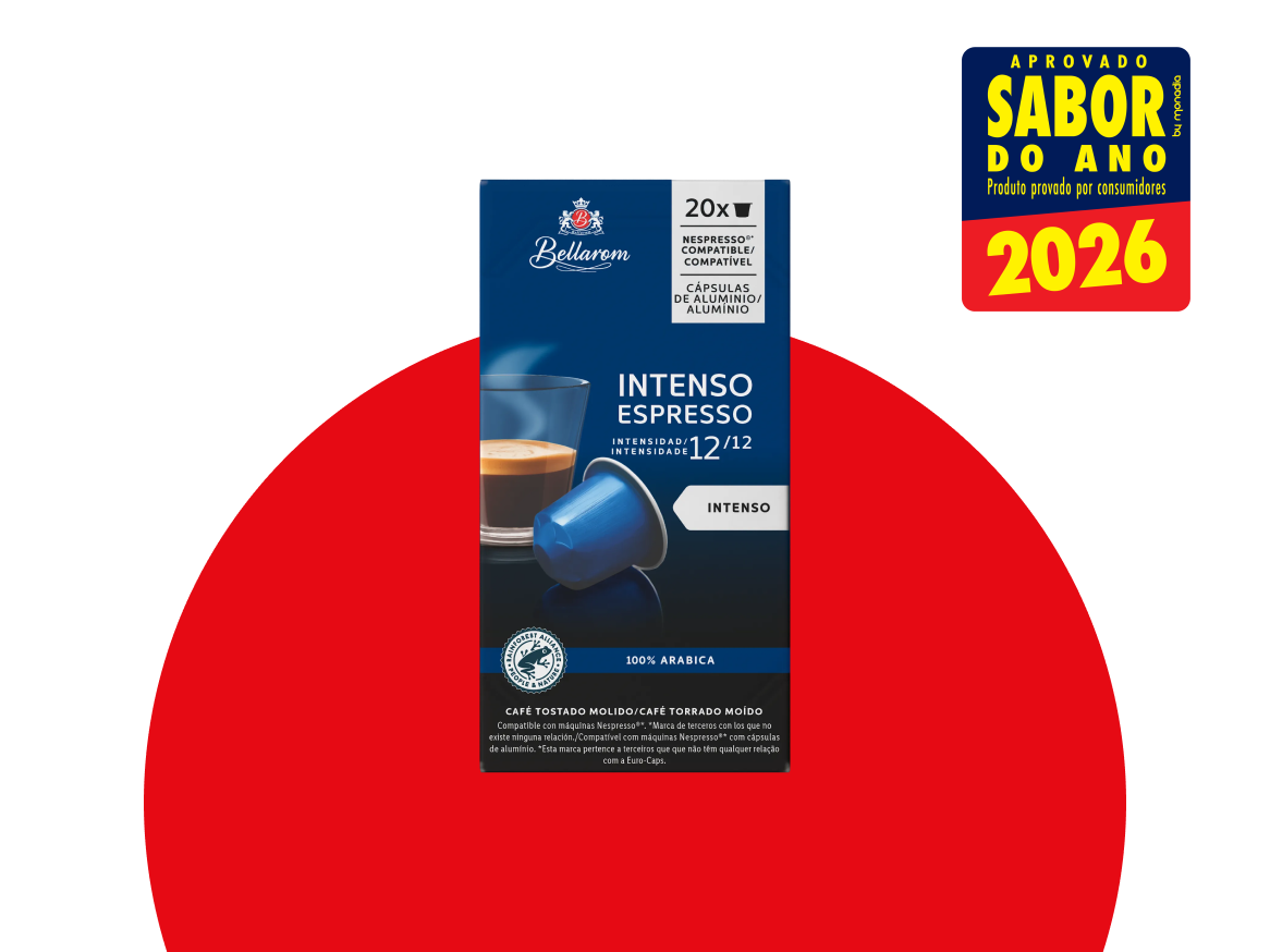Caixa de cápsulas de café Intenso Espresso, 12/12 de intensidade, 100% Arábica, com selo Sabor do Ano 2026.