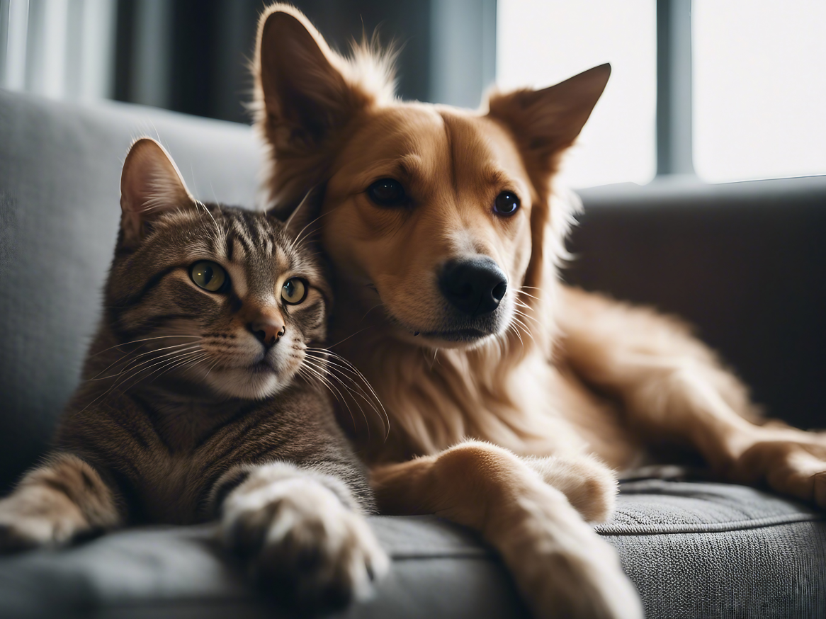 Um gato malhado e um cão dourado deitados juntos num sofá.