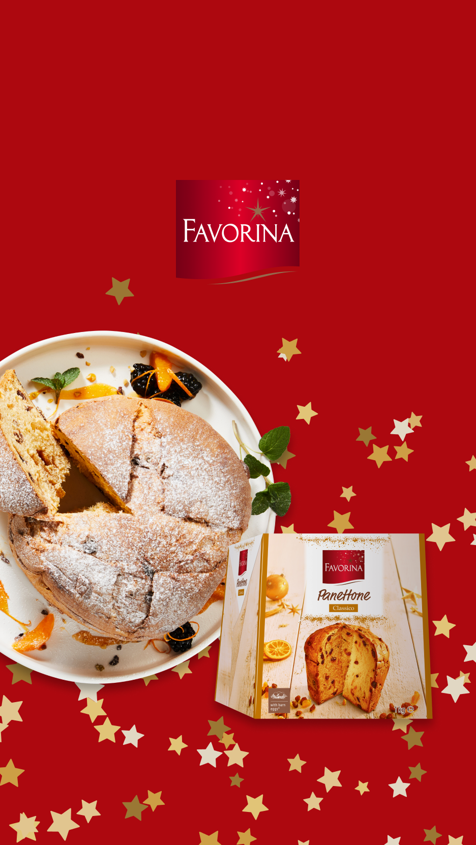 Panetone Favorina Classico com cobertura de açúcar em pó e frutas cristalizadas