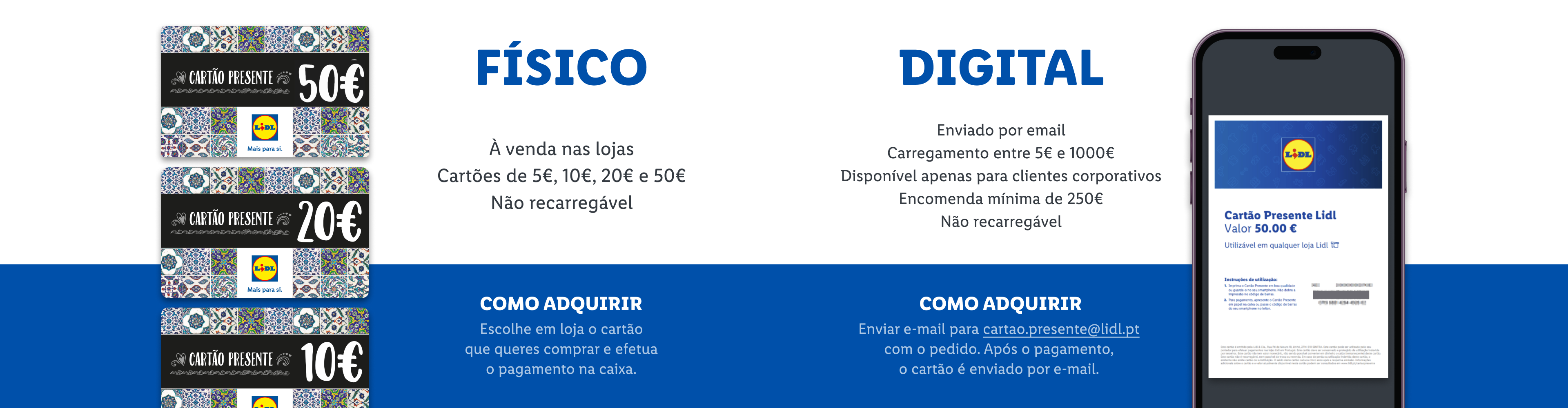 Cartões presente Lidl de 10€, 20€ e 50€, disponíveis em formato físico e digital.