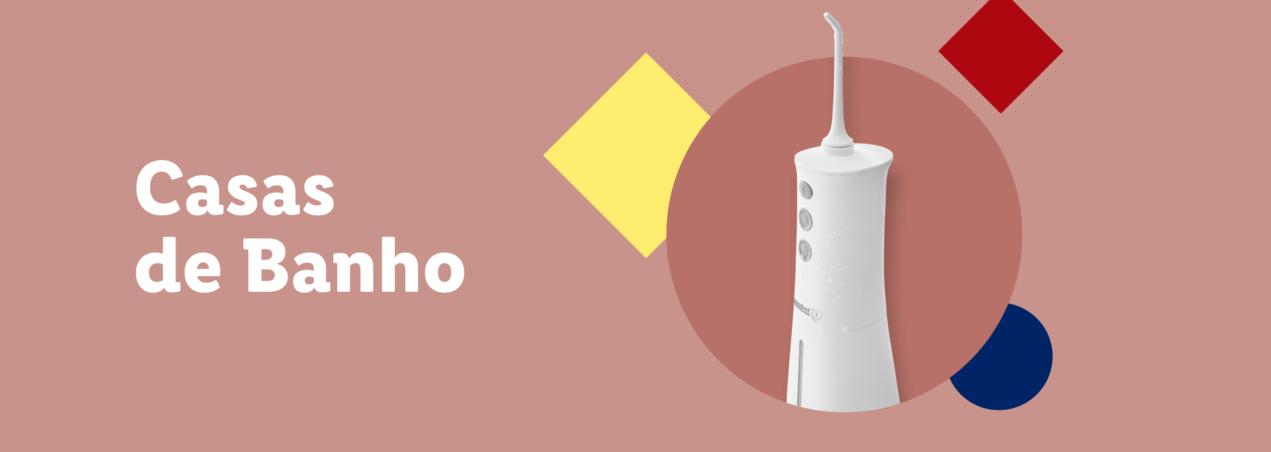 Irrigador oral branco com texto 'Casas de Banho' e formas geométricas coloridas.