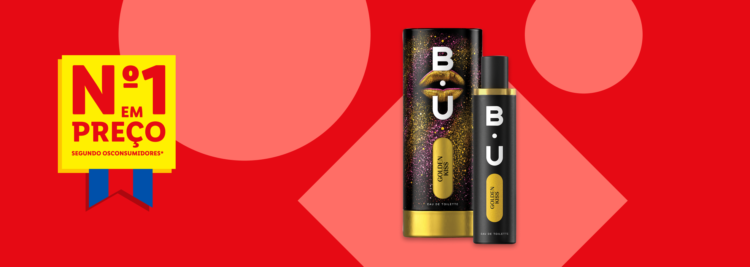 Perfume B.U. Golden Kiss e embalagem, com selo 'Nº1 em Preço'.