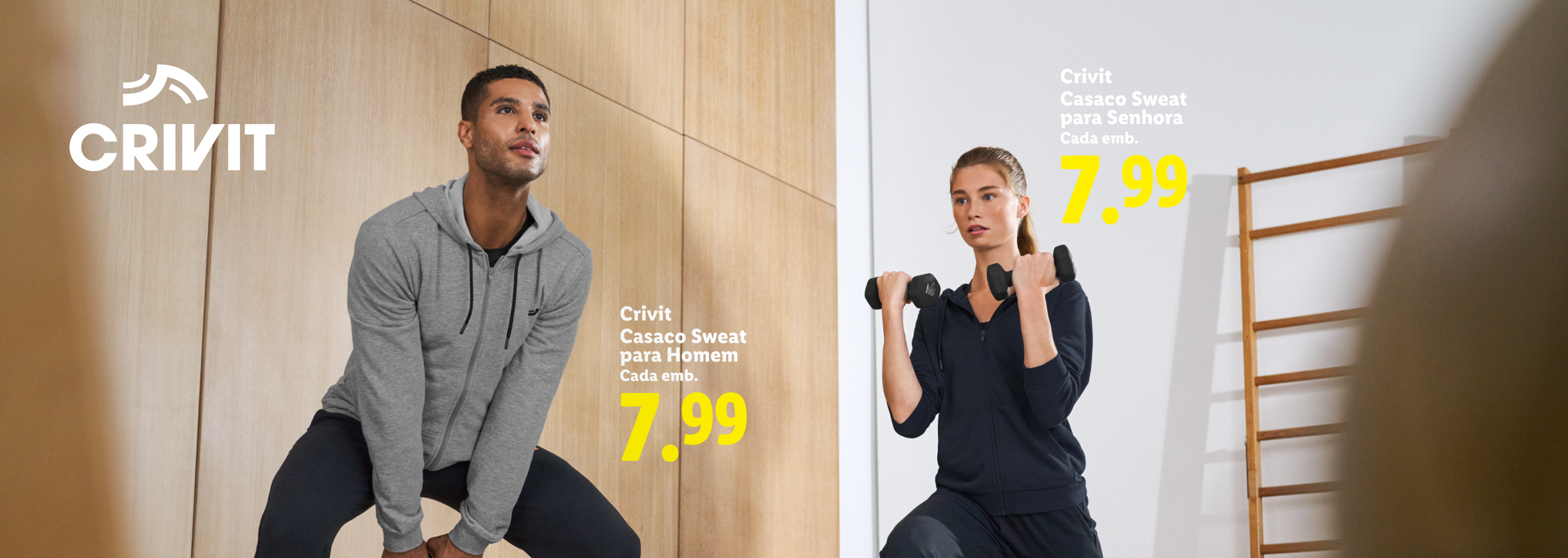 Homem e mulher a fazer exercício, ambos a usar casacos de moletom, com o preço de 7,99€.