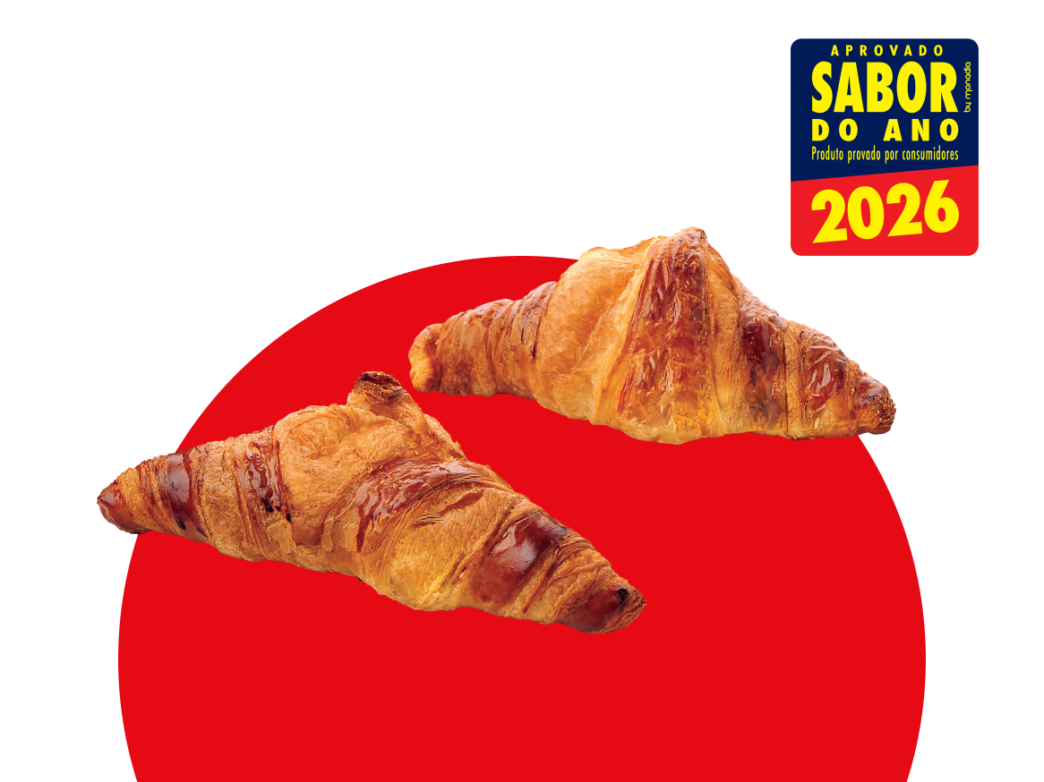 Dois croissants dourados sobre um fundo vermelho, com selo de 'Sabor do Ano 2026'.