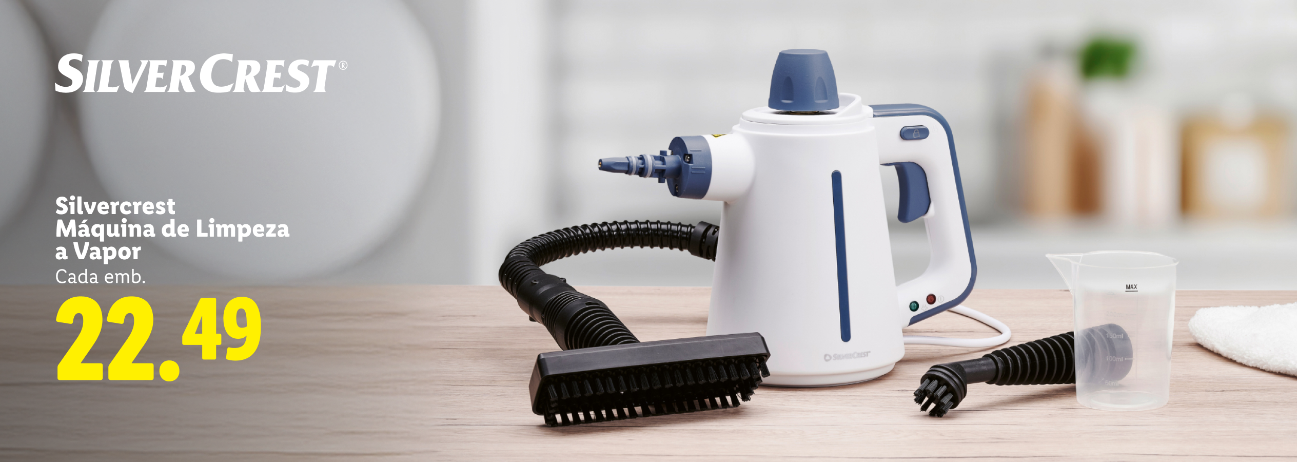 Máquina de limpeza a vapor branca e azul com acessórios, preço 22.49.