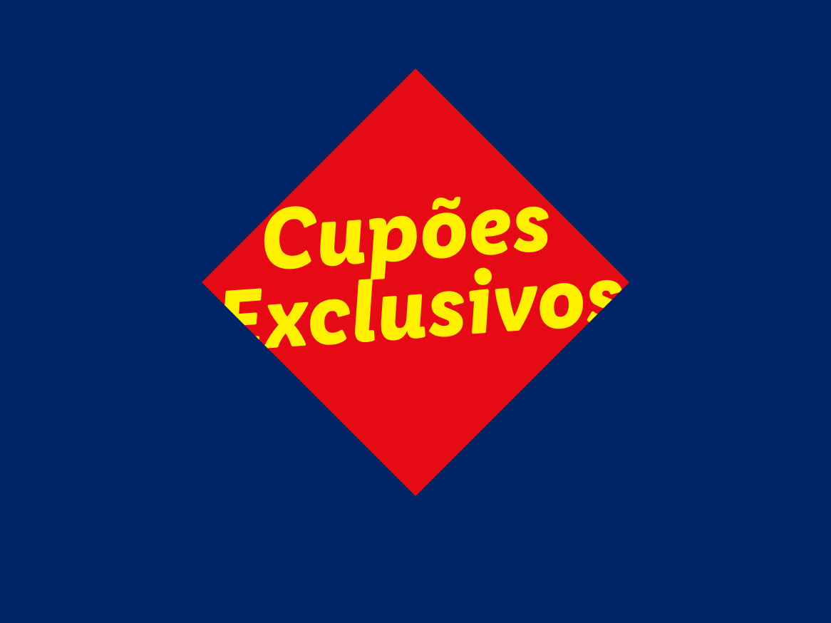 Um losango vermelho com o texto amarelo 'Cupões Exclusivos' sobre um fundo azul.