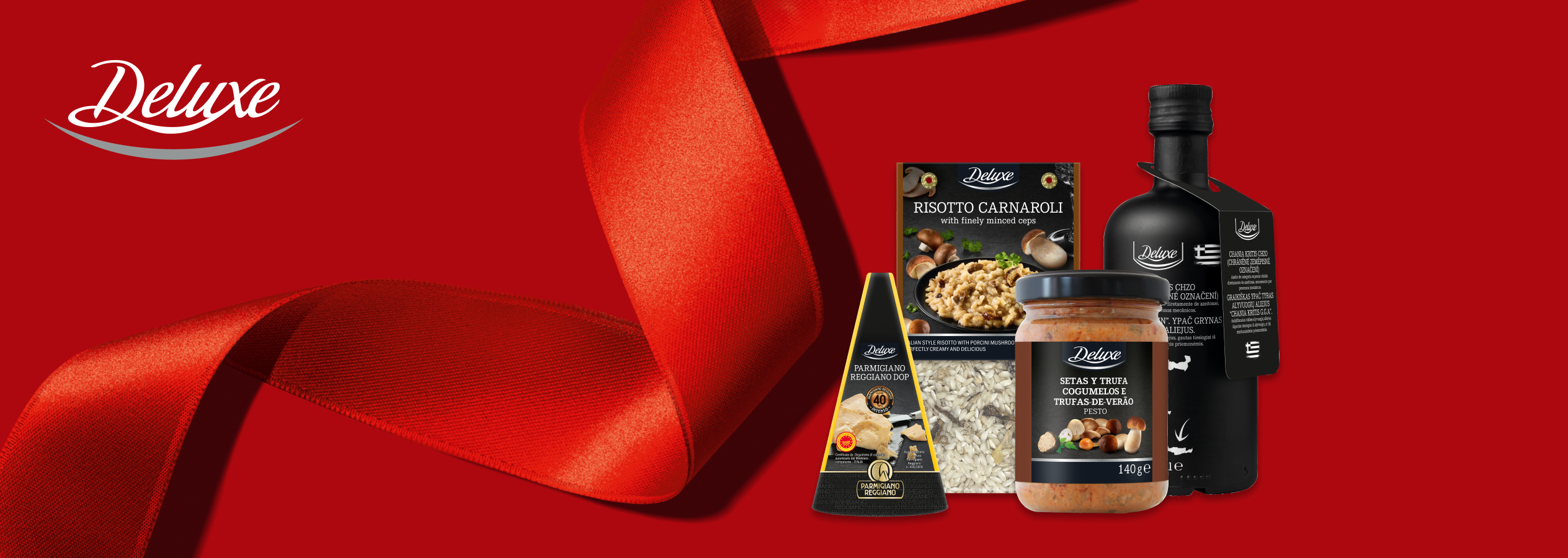Produtos Deluxe: Risotto Carnaroli, Parmigiano Reggiano DOP, pesto de cogumelos e trufas, e azeite.