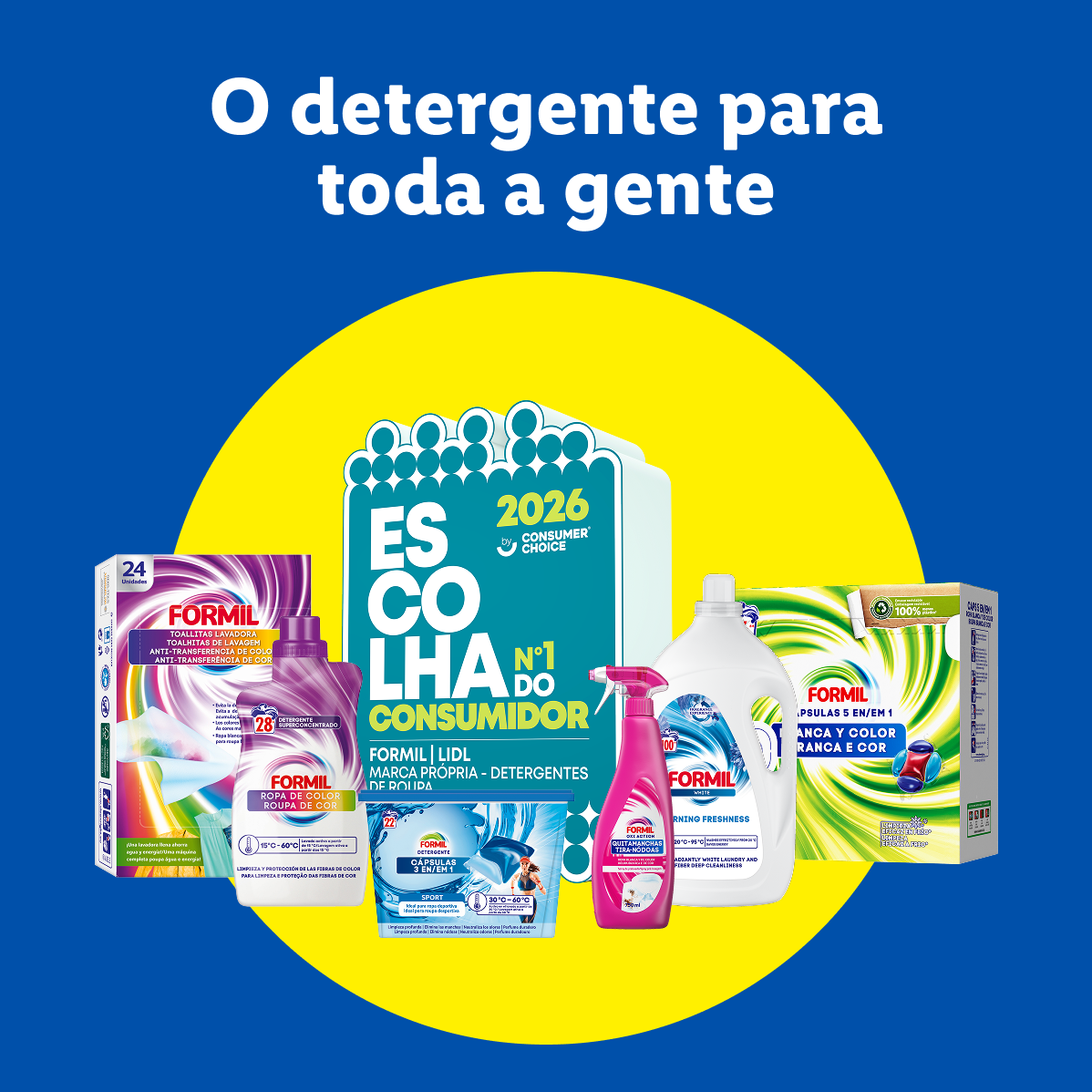Detergentes para a roupa, incluindo toalhitas, cápsulas e tira-nódoas, com o selo Escolha do Consumidor.