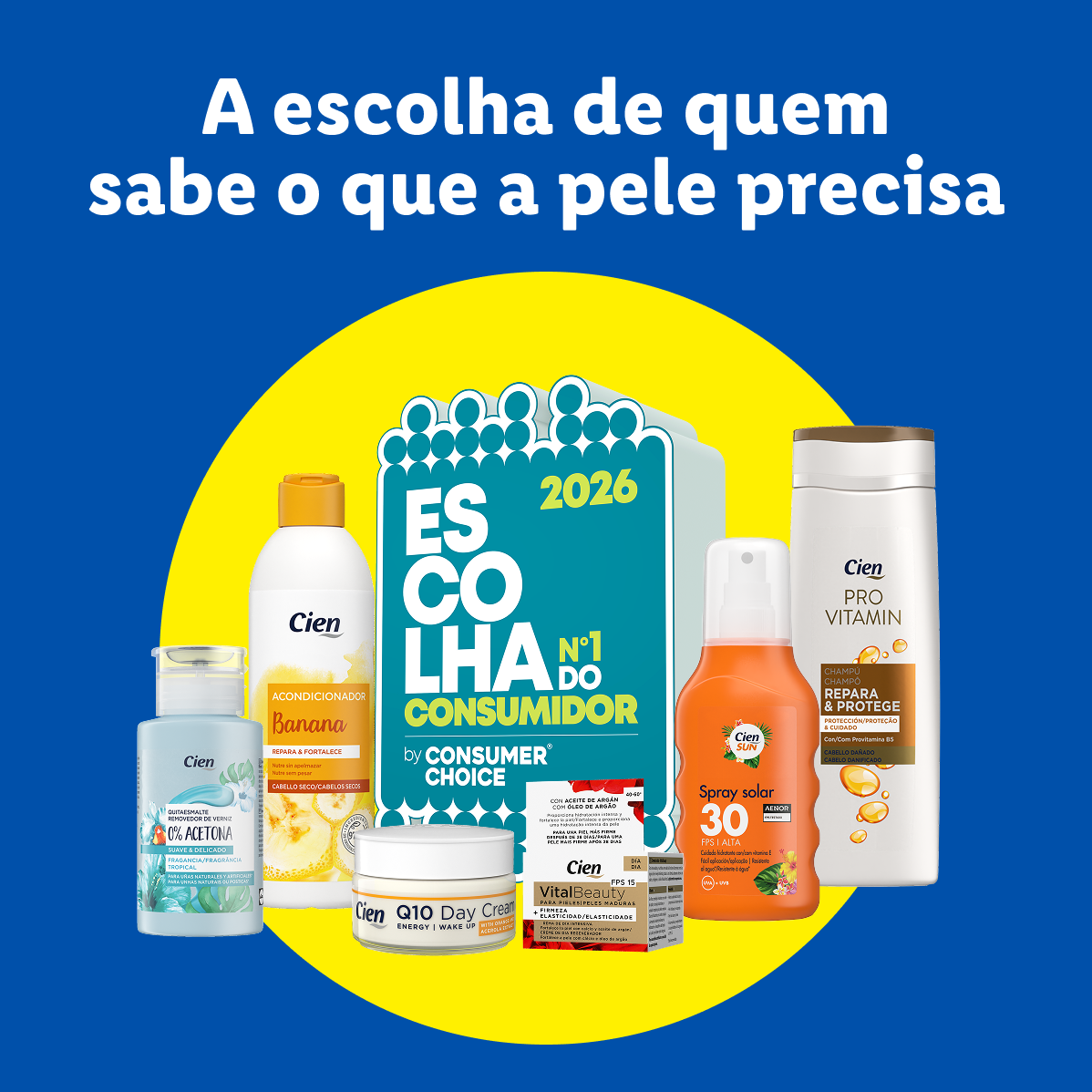Uma seleção de produtos de cuidado pessoal, incluindo champô, condicionador, creme facial e protetor solar, com o selo 'Escolha do Consumidor 2026'.