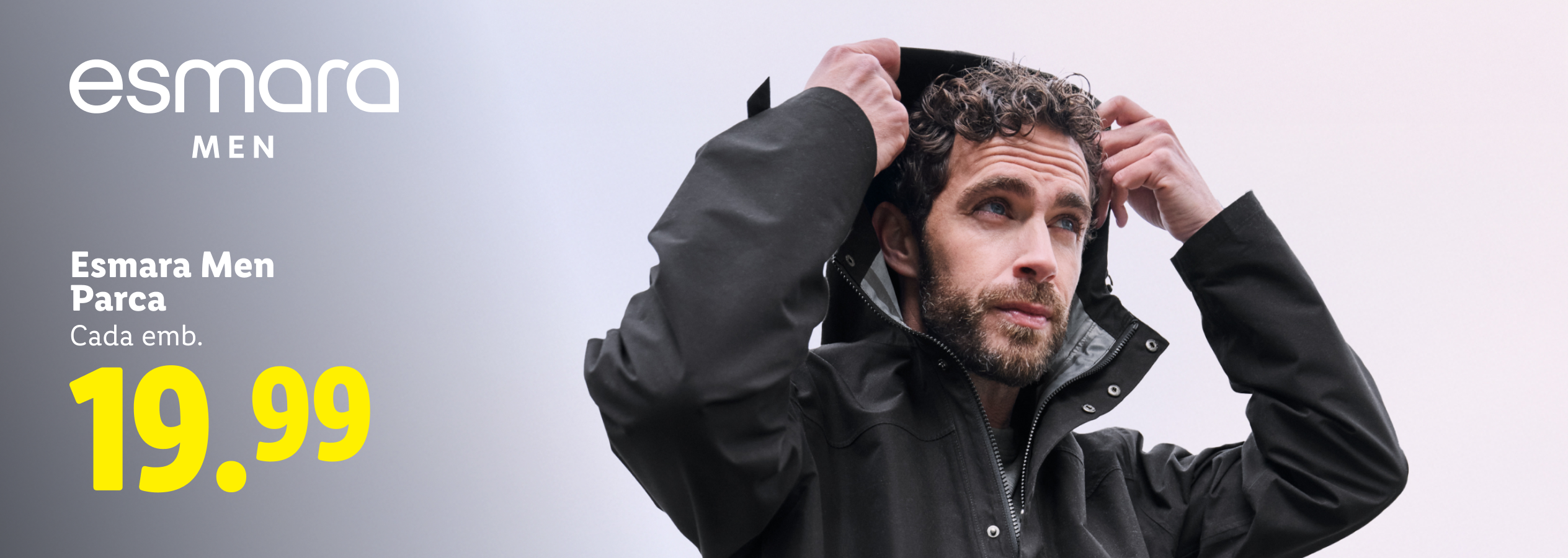 Homem a vestir um casaco parka cinzento, com o preço de 19,99.