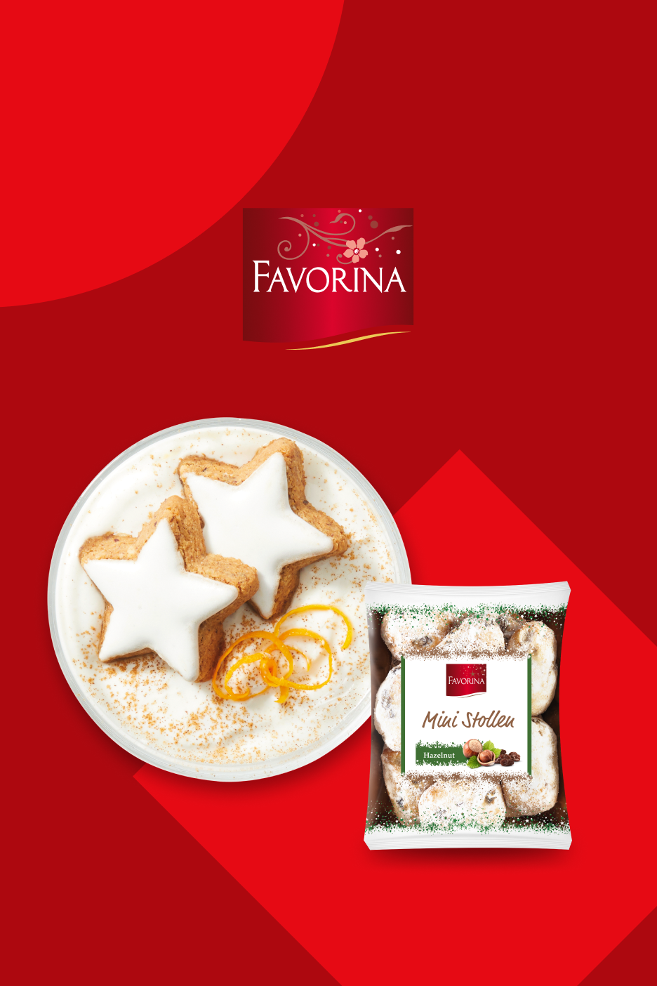 Biscoitos em forma de estrela e mini stollen de avelã da Favorina num fundo vermelho.