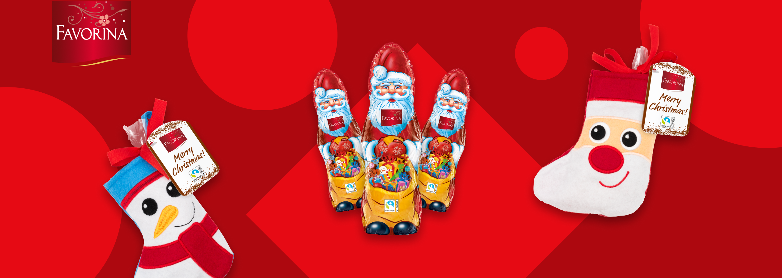 Três chocolates Favorina Pai Natal e duas meias de Natal de boneco de neve e Pai Natal.