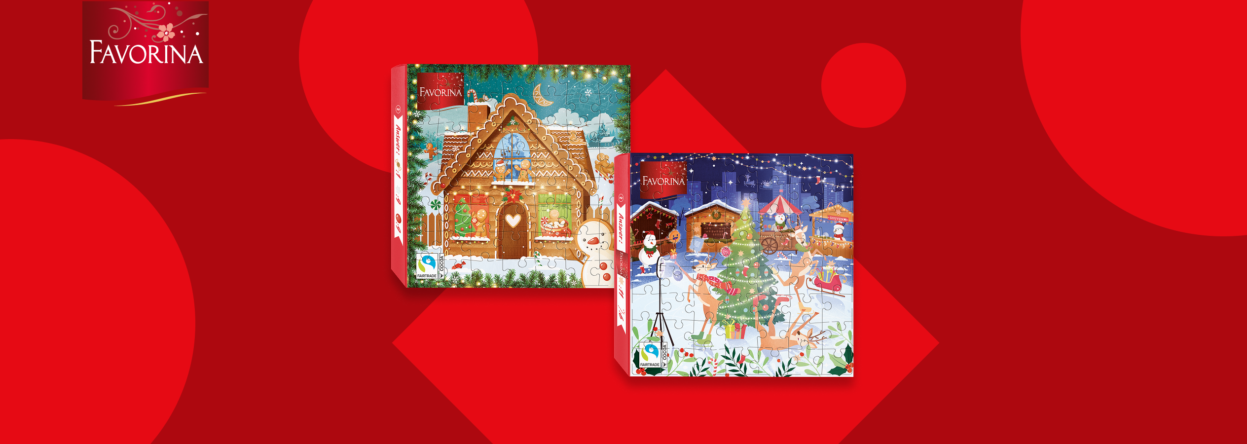 Dois puzzles de Natal Favorina, um com uma casa de gengibre e outro com um mercado de Natal.