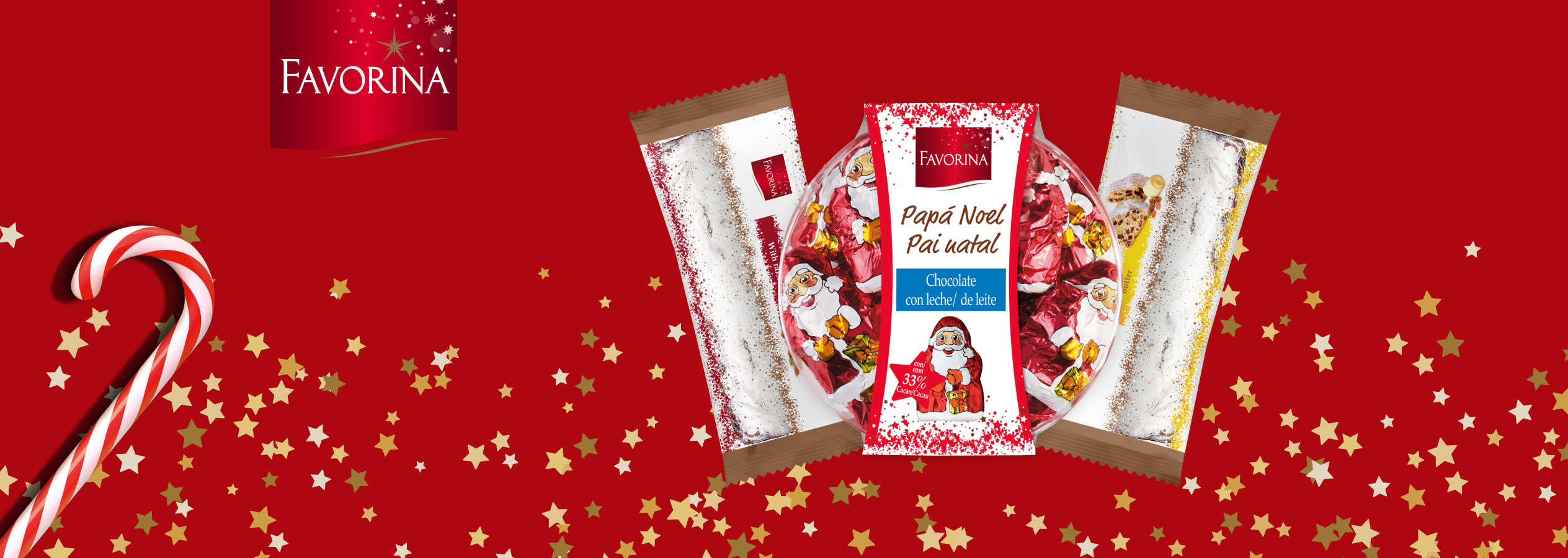 Chocolates Favorina de Natal, incluindo Pai Natal de chocolate de leite e stollen, sobre fundo vermelho com estrelas e bengala doce.
