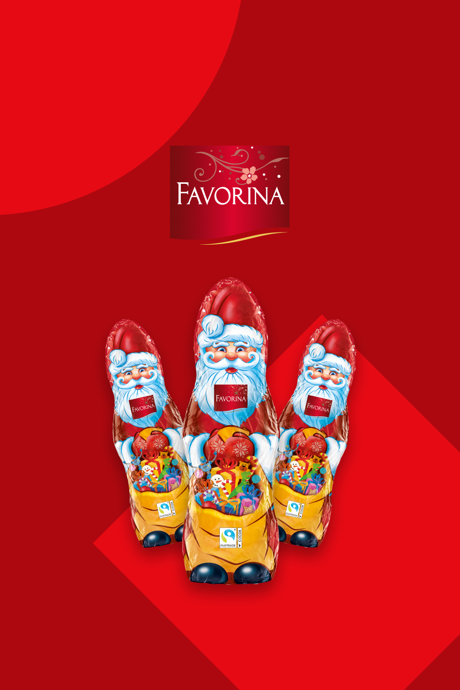 Três figuras de Pai Natal de chocolate Favorina em embalagens vermelhas e douradas, com o logótipo Favorina no topo.