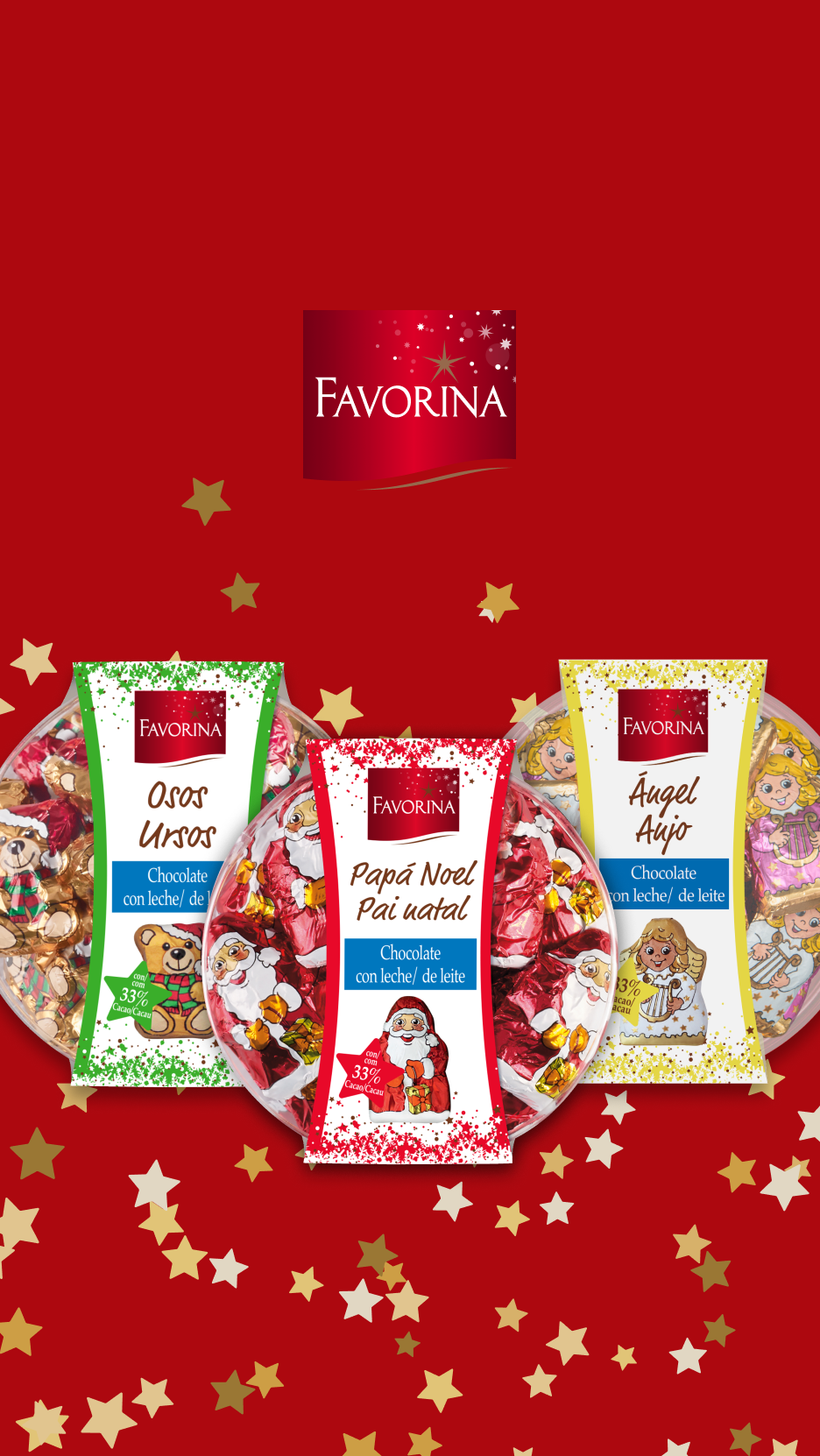 Chocolates Favorina de Natal: Papai Noel, ursos e anjos em embalagens festivas.