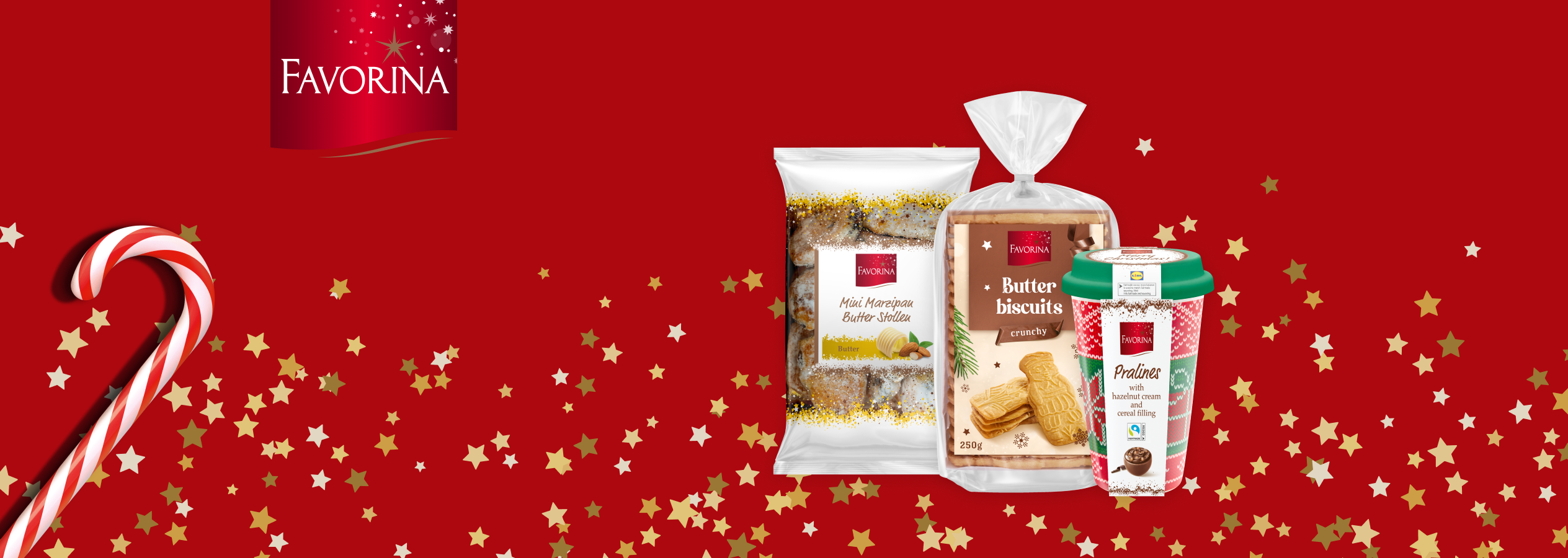 Produtos FAVORINA de Natal: Mini Marzipan Butter Stollen, Butter Biscuits e Pralines, com bengala doce e estrelas douradas.