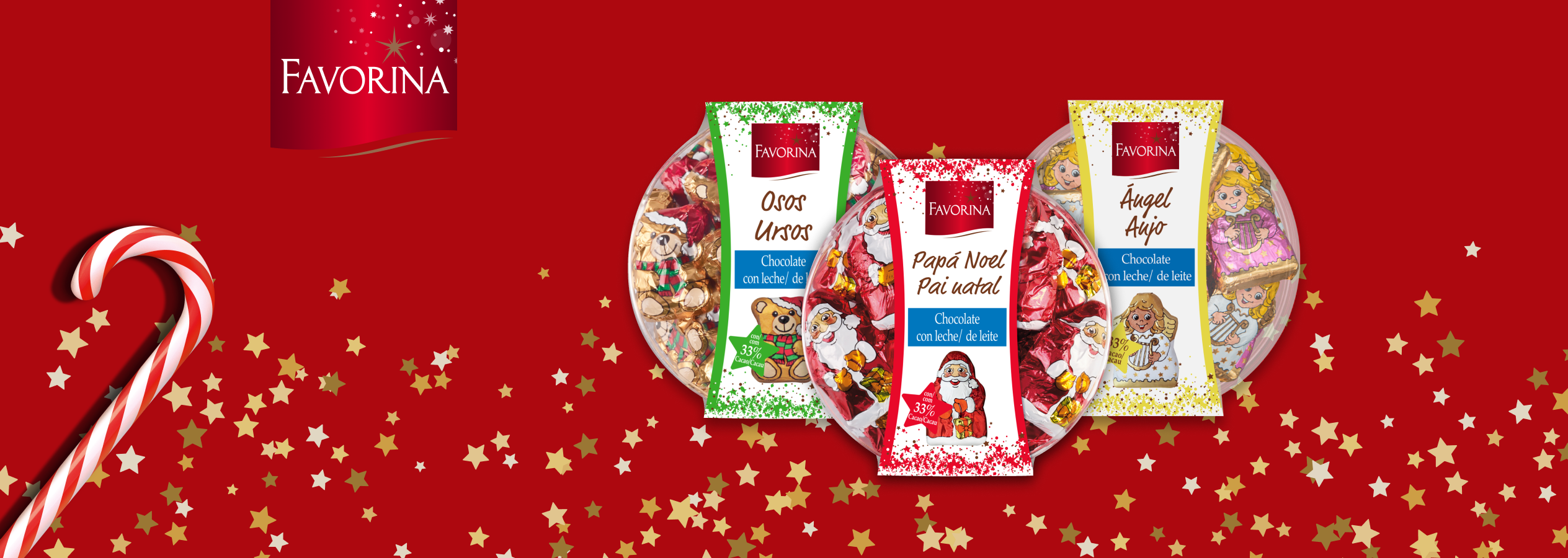 Chocolates de Natal Favorina em forma de ursos, Pai Natal e anjos, com bengala doce e estrelas.