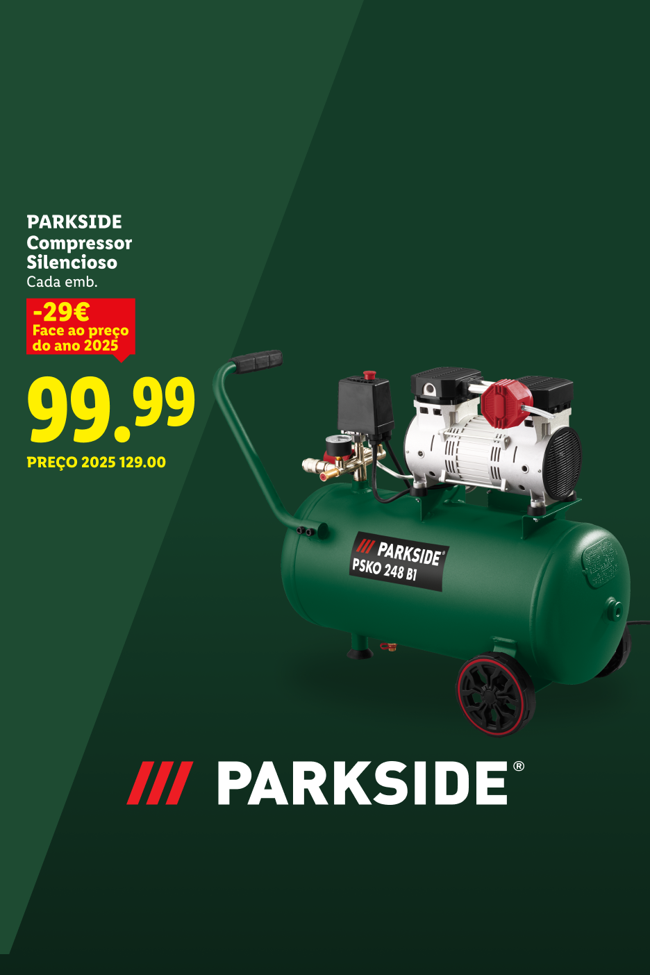 Compressor silencioso verde com rodas, preço de 99,99€, com desconto de 29€.