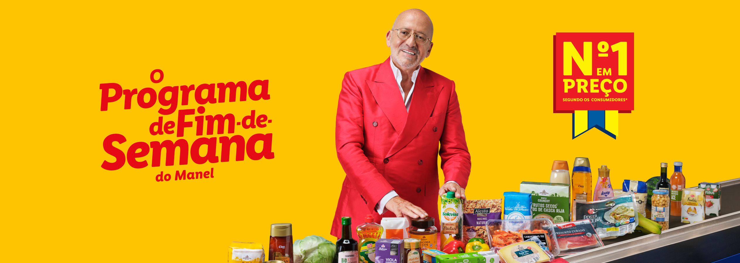 Manel com produtos de supermercado, incluindo frutas, nozes, farinha e presunto, com o texto 'Nº1 em Preço'.