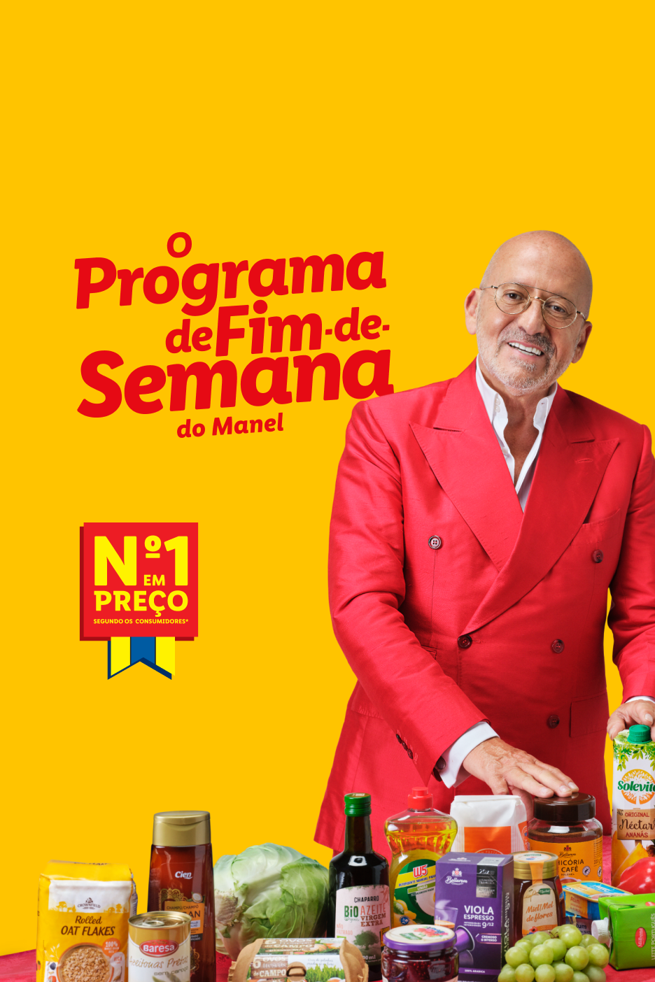 Manel, apresentador do 'Programa de Fim-de-Semana', com produtos Lidl e o selo 'Nº1 em Preço'.
