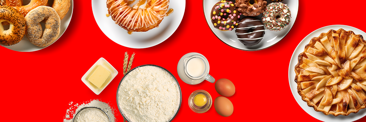 Bagels, donuts, torta de maçã e ingredientes para assar.
