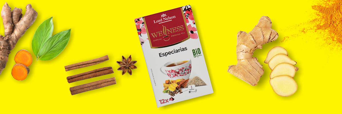 Chá Lord Nelson Wellness, gengibre, canela e cúrcuma.