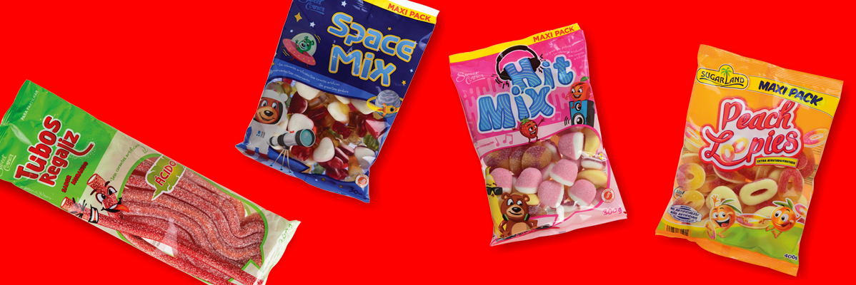 Balas: Tubos de alcaçuz, Space Mix, Hit Mix e Peach Lopies.
