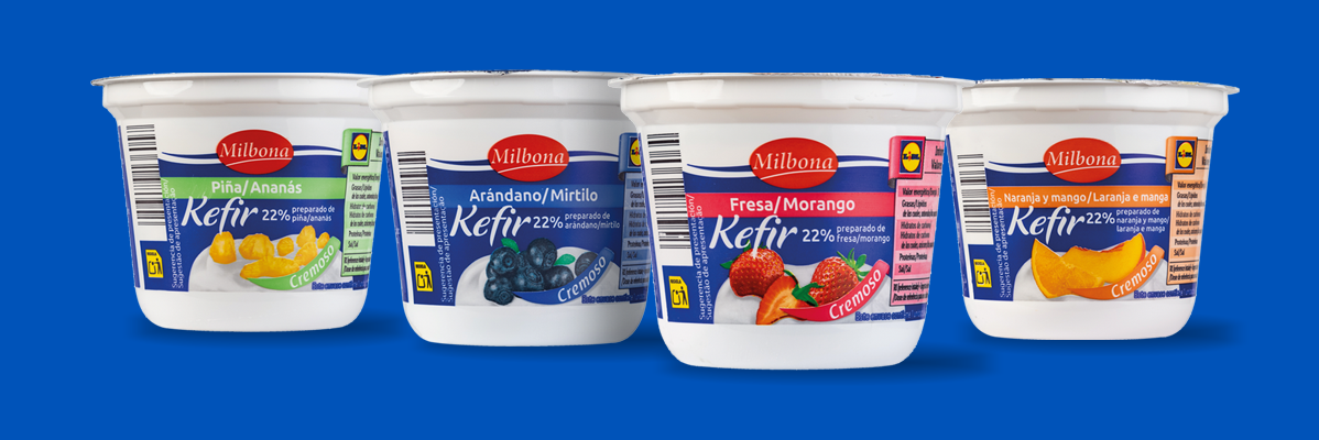 Iogurtes Milbona Kefir com sabores de ananás, mirtilos, morango e laranja/manga.