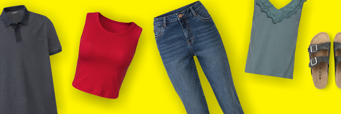 Jeans, top, polo e sandálias.