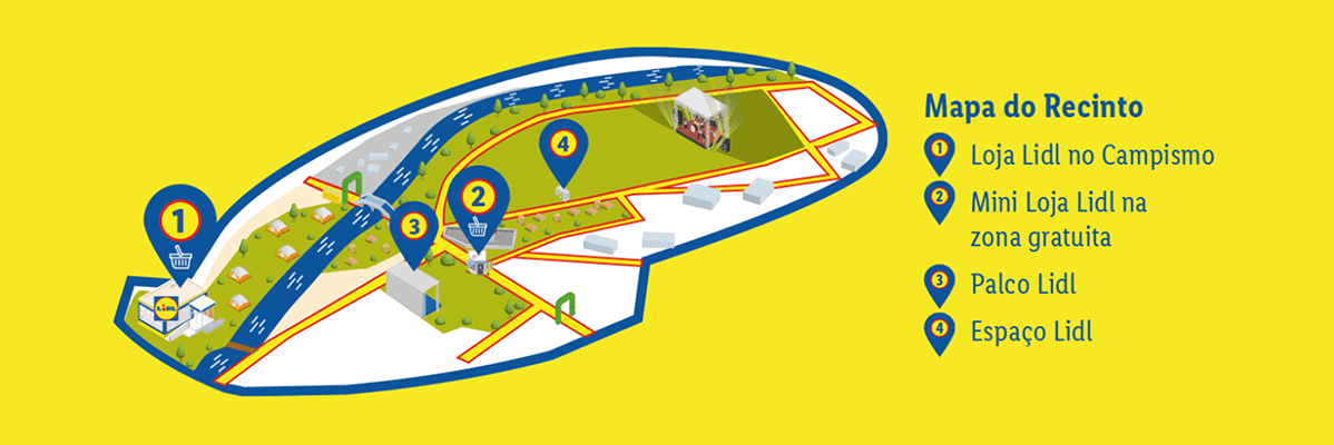 Loja Lidl, mini Lidl, palco e mapa do recinto.