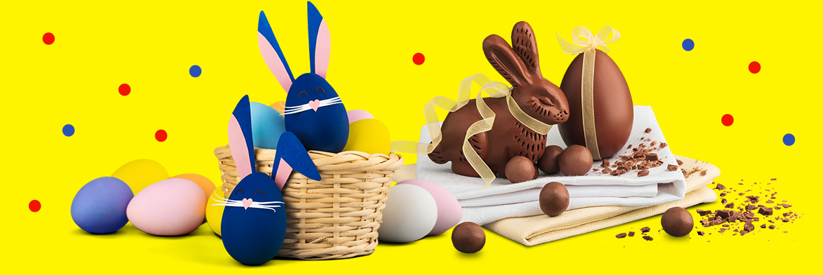Ovos de Páscoa, coelhos de chocolate e doces: perfeitos para a Páscoa.