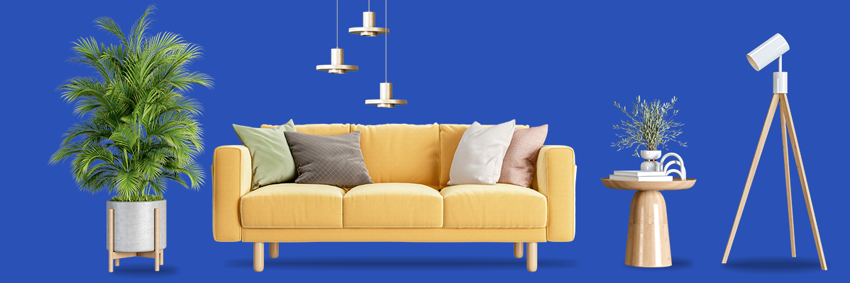 Sofá, luminária de chão e plantas em estilo moderno.