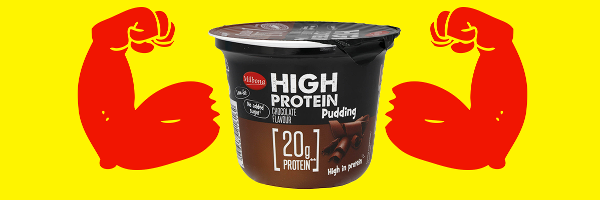 Pudim Milbona rico em proteínas, sabor chocolate: 20g de proteína.