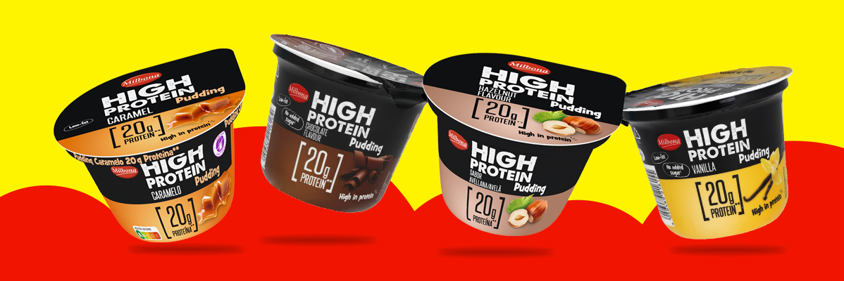 Pudim Milbona High Protein: caramelo, chocolate, avelã e baunilha.