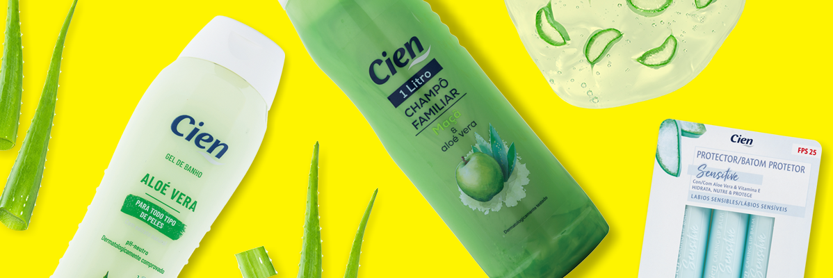 Cien shampoo, gel de banho e batom protetor com aloe vera.