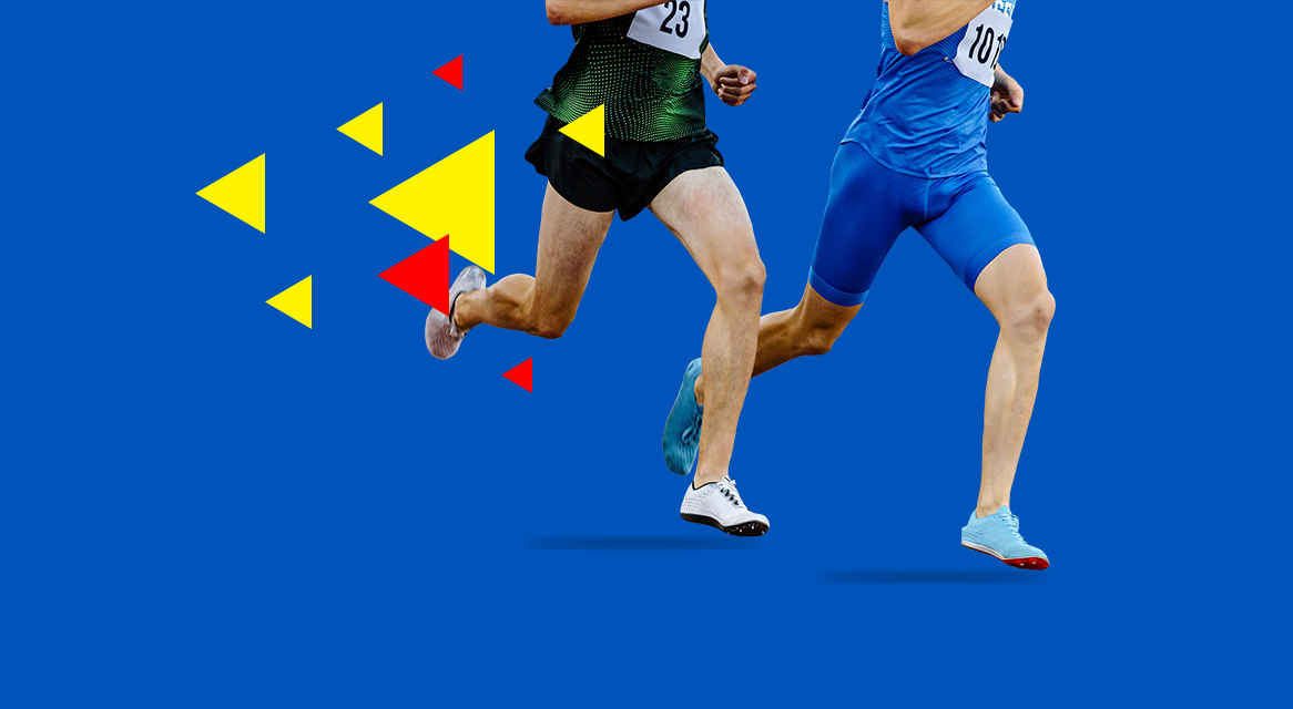 Atletas em trajes esportivos se preparam para uma competição.