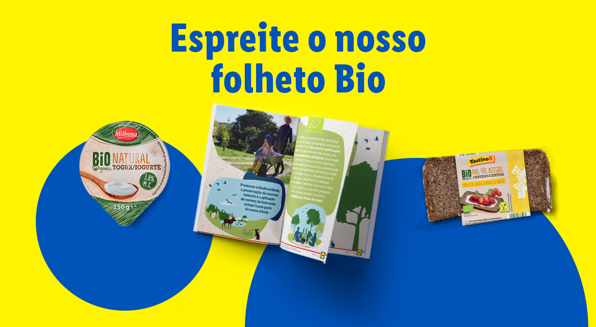 Iogurte bio Milbona e pão bio Tastino, apresentados num folheto.
