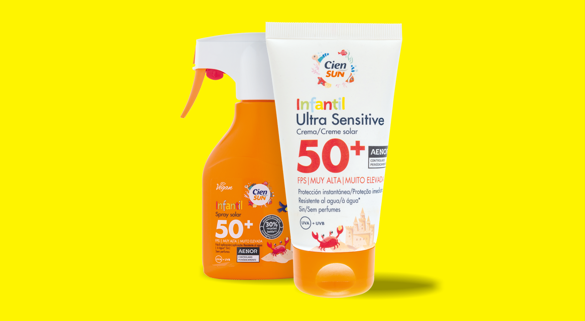 Cien Sun protetor solar infantil, spray e creme FPS 50+.