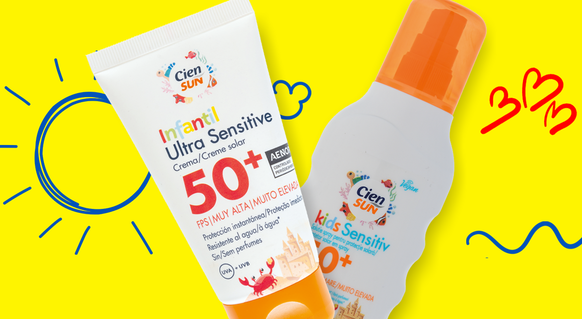 Cien Sun protetor solar infantil: creme, spray FPS 50+.