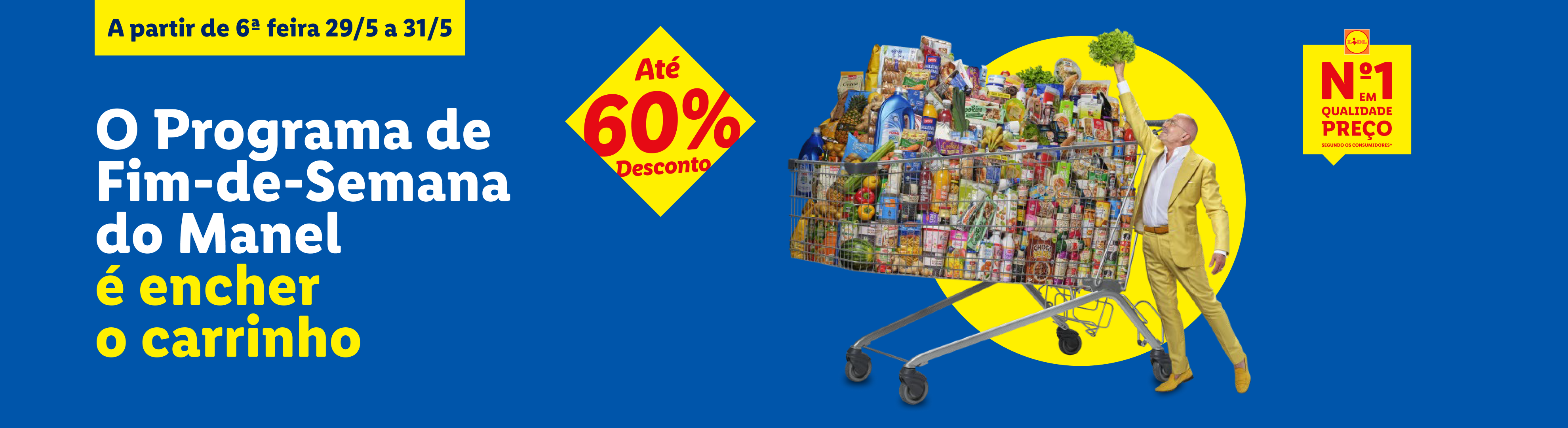 Homem de fato amarelo com carrinho de compras cheio de produtos, com desconto de 60%.