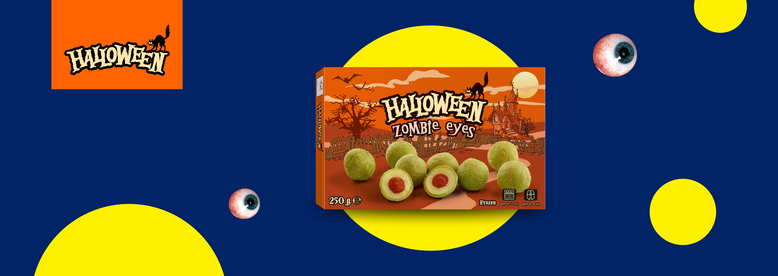 Caixa de Halloween Zombie Eyes com doces em forma de olhos e um logótipo de Halloween.